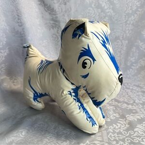 Vintage 1950's Oil Cloth Vinyl Scottie Stuffed Dog Blue & white Worn/Damage
